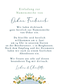 Einladung zur Namensweihe Foto mit blauem Blumenkranz Bogen  Rückseite