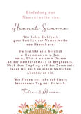 Einladung zur Namensweihe Foto mit rosa Blumenkranz Bogen  Rückseite