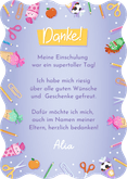 Lila Foto-Danksagung 1. Schultag Wellenform bunte Symbole Rückseite