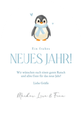 Neujahrskarte Pinguin mit Schal hellblau 2026 Rückseite