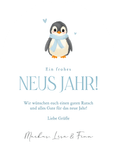 Neujahrskarte Pinguin mit Schal hellblau 2026 Rückseite