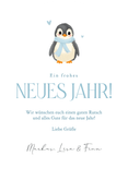 Neujahrskarte Pinguin mit Schal hellblau 2027 Rückseite
