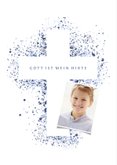 Kommunionskarte eigenes Foto Kreuz blau Farbspritzer 2