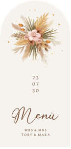 Menükarte Boho-Hochzeit Blumenstrauß Trockenblumen Bogen
