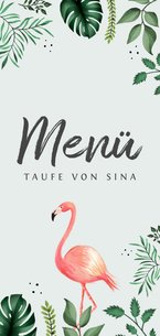 Botanische Menükarte Taufe Flamingos und Blätter