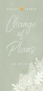 Change-of-Plans-Karte mit Wasserfarben und Dschungelblättern