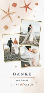 Dankeskarte Hochzeit mit eigenen Fotos, Seestern & Muscheln