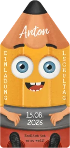Einladung 1. Schultag lustiger gelber Bleistift