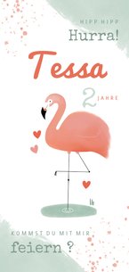 Einladung 2. Kindergeburtstag Flamingo mit Herzen