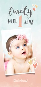 Einladung zum 1. Kindergeburtstag Aquarell bunt und Foto
