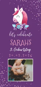 Einladung zum 3. Kindergeburtstag lila Einhorn und Konfetti