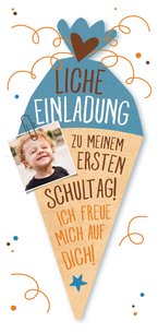 Einladung zur Einschulung Schultüte blau & eigenes Foto