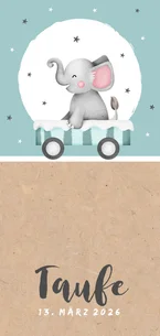 Einladung zur Taufe Elefant in Wagen blau