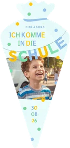 Einschulungskarte blau Schultüte Foto & Konfetti