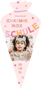 Einschulungskarte rosa Schultüte Foto & Konfetti