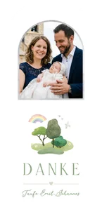 Foto-Dankeskarte Taufe Bäume, Regenbogen & Taube
