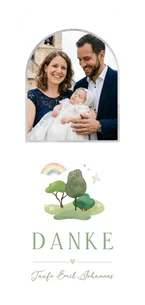 Foto-Dankeskarte Taufe Bäume, Regenbogen & Taube
