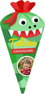 Foto-Einschulungskarte Dino als Schultüte