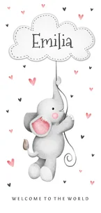 Geburtskarte Elefant mit Wolke & Herzen rosa