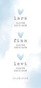 Geburtskarte für einen Drilling blaue Herzen