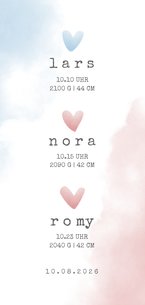 Geburtskarte für einen Drilling rosa-blaue Herzen