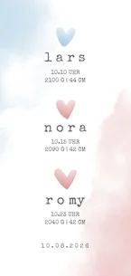 Geburtskarte für einen Drilling rosa-blaue Herzen