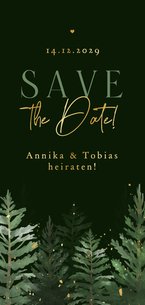 Hochzeit Save-the-Date Karte dunkle Tannenbäume