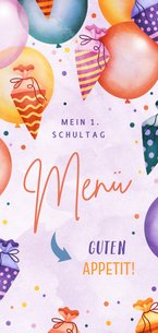 Lila Menükarte Einschulung Ballons & Schultüten