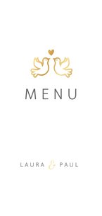 Menükarte Hochzeitsdinner mit Foto, goldenen Tauben und Herz