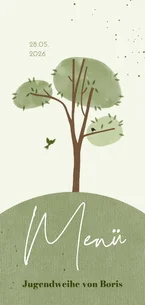 Menükarte Jugendweihe Baum Papierstruktur Vogel