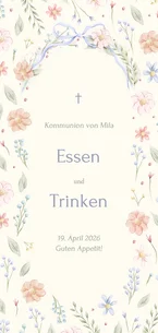 Menükarte Kommunion Blumenkranz Schleife Beige Aquarell