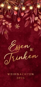 Menükarte rot Aquarell zu Weihnachten Lichterkette botanisch