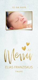 Menükarte Taufe blau Foto & Goldherzen
