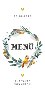 Menükarte Taufe Feder-Blumenkranz und Vogel