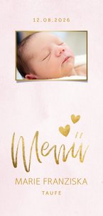 Menükarte Taufe rosa Foto & Goldherzen