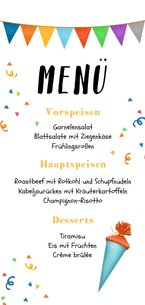 Menükarte zur Einschulung blaue Schultüte & Girlande