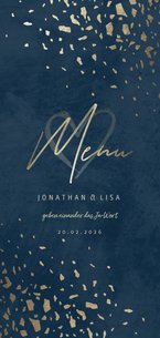 Menükarte zur Hochzeit in dunkelblau mit Goldschnipseln