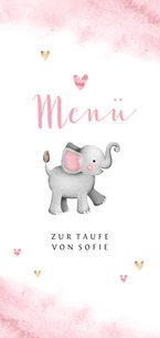 Menükarte zur Taufe Aquarell, Herzen und Elefant