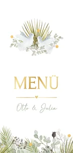 Menükarte zwei Hochzeitstauben mit grünen Zweigen