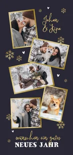 Neujahrskarte Fotocollage Hochformat goldene Schneeflocken