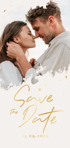 Save-The-Date-Karte Goldschrift und Foto