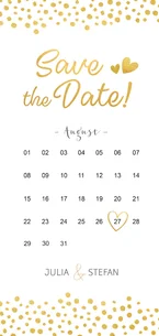 Save-the-Date-Karte mit Kalender und goldenen Herzen
