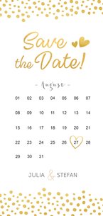 Save-the-Date-Karte mit Kalender und goldenen Herzen