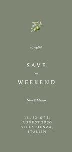 Save-the-Date Karte Olivenzweig Auslandshochzeit Weekend