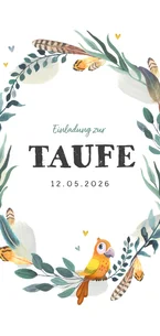 Taufeinladung mit Feder-Blumenkranz und Vogel