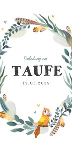 Taufeinladung mit Feder-Blumenkranz und Vogel