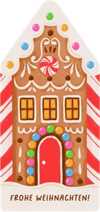 Weihnachtskarte SOS Kinderdörfer rotes Lebkuchenhaus