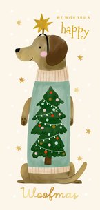 Weihnachtskarte 'Woofmas' Dackel mit Pulli Hochformat