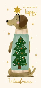 Weihnachtskarte 'Woofmas' Dackel mit Pulli Hochformat