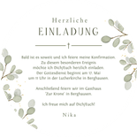 Runde Einladung Konfirmation Eukalyptusblätter Rückseite